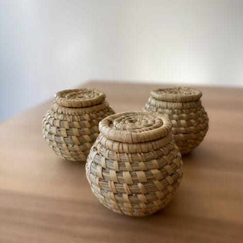 Small lidded pot made of woven grass